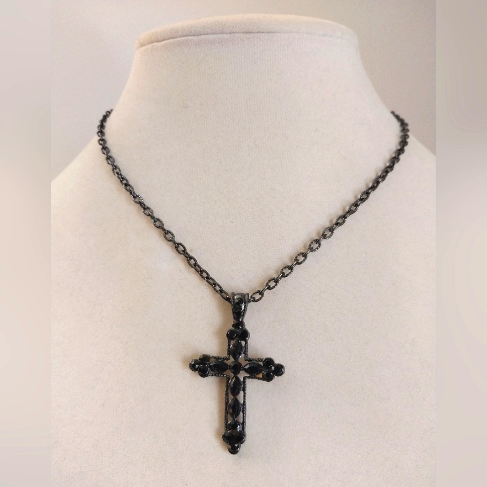 Goth Black Gemstone Vampire Cross Necklace